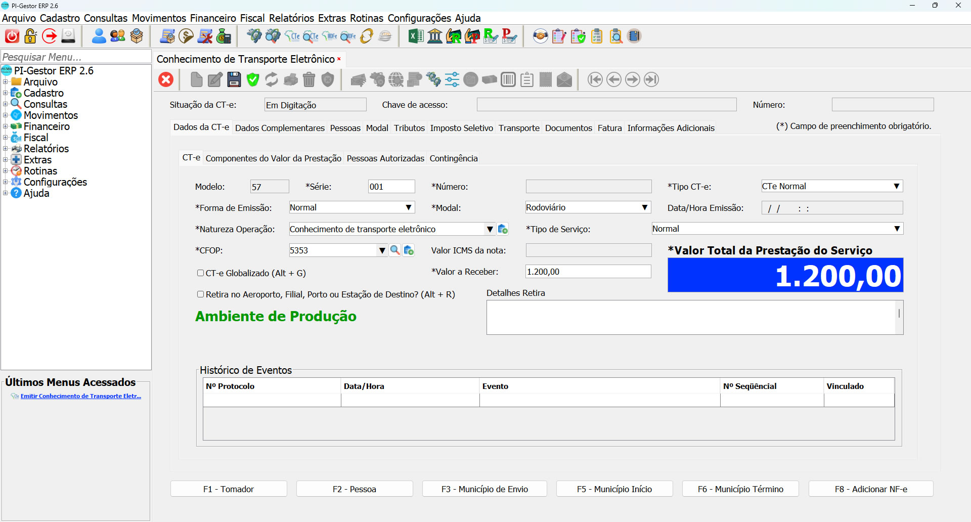 Tela de Emissão de CT-e