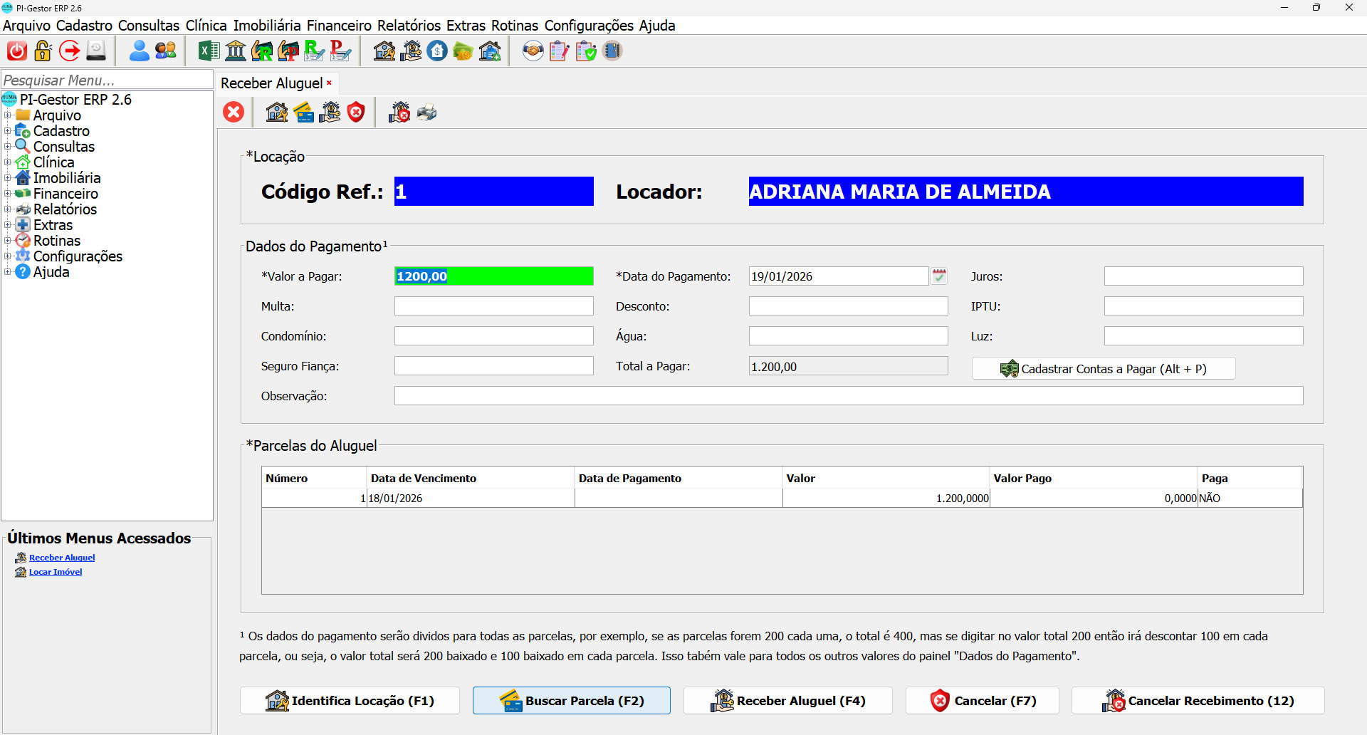 Tela Receber Aluguel