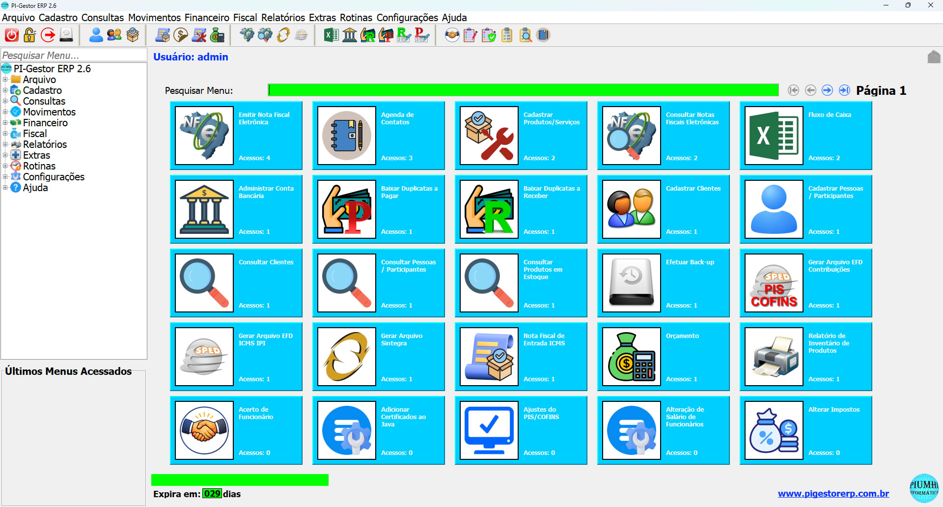 Tela inicial do PI-Gestor ERP